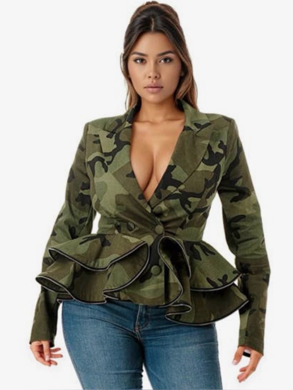 Camo Peplum Blazer Jacket - Olive Green